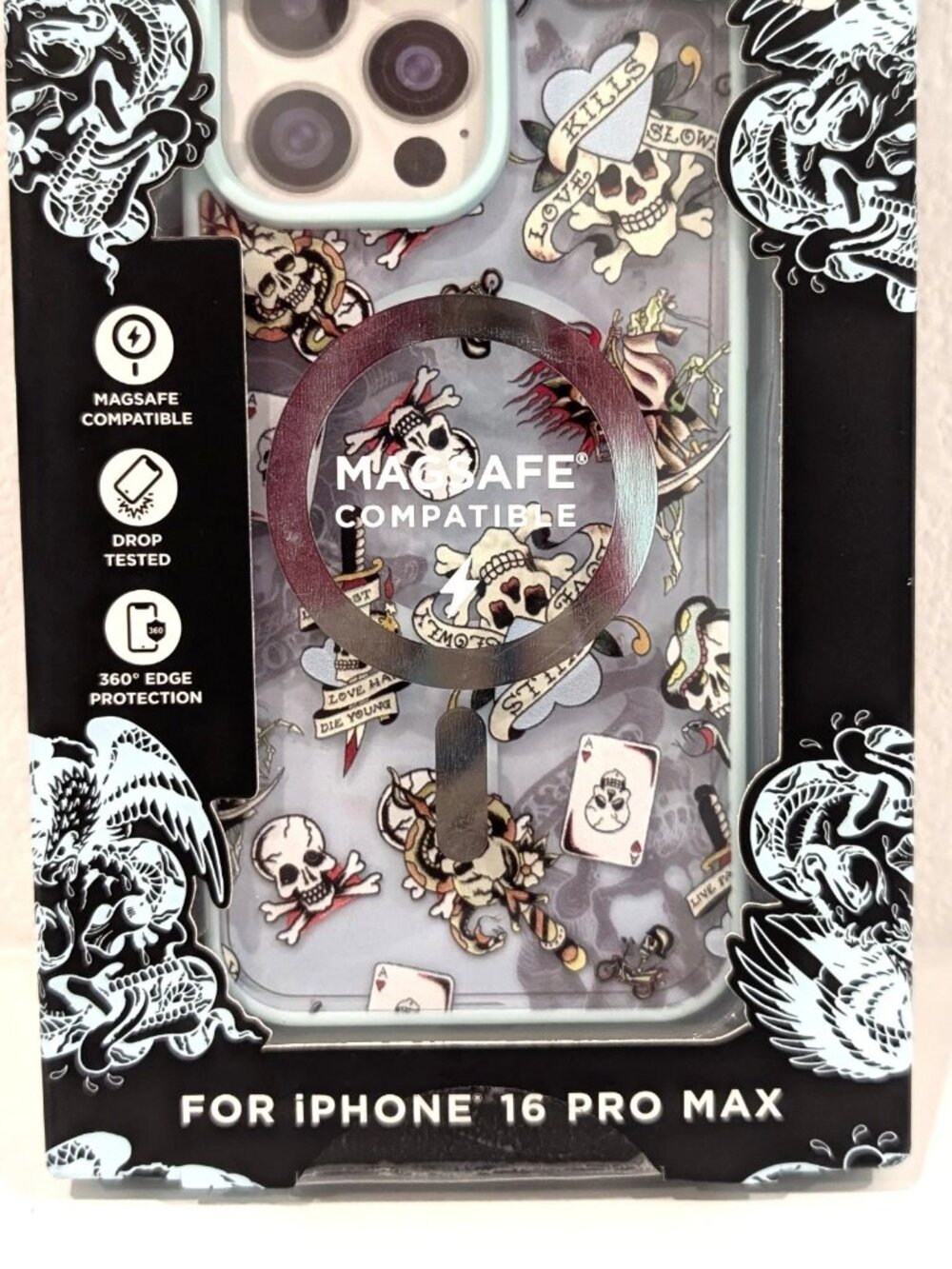 Ed Hardy MagSafe iPhone 16 Pro Max Case Tattoo Skulls Blue Clear Drop NIB